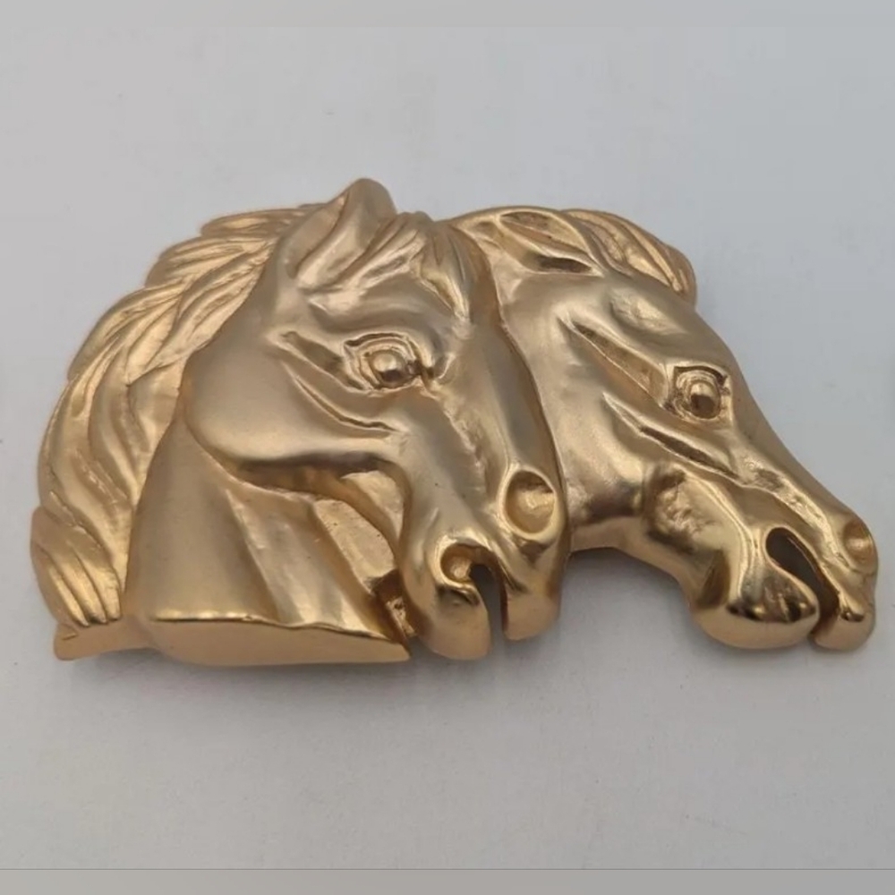 Vtg Doreen Ryan Belt Buckle Gold Double Horses Stallion Heads Equestrian Western